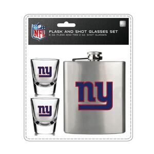 NEW YORK GIANTS Flask + 2 Shot Glasses Set Brushed Stainless Steel NFL Portable